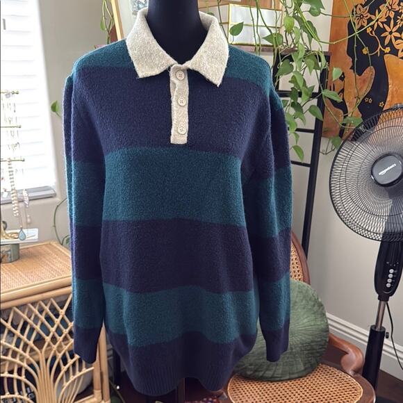 Zara Navy & Green Rugby Stripe Pullover Long Sleeve Sweater - Picture 1 of 4